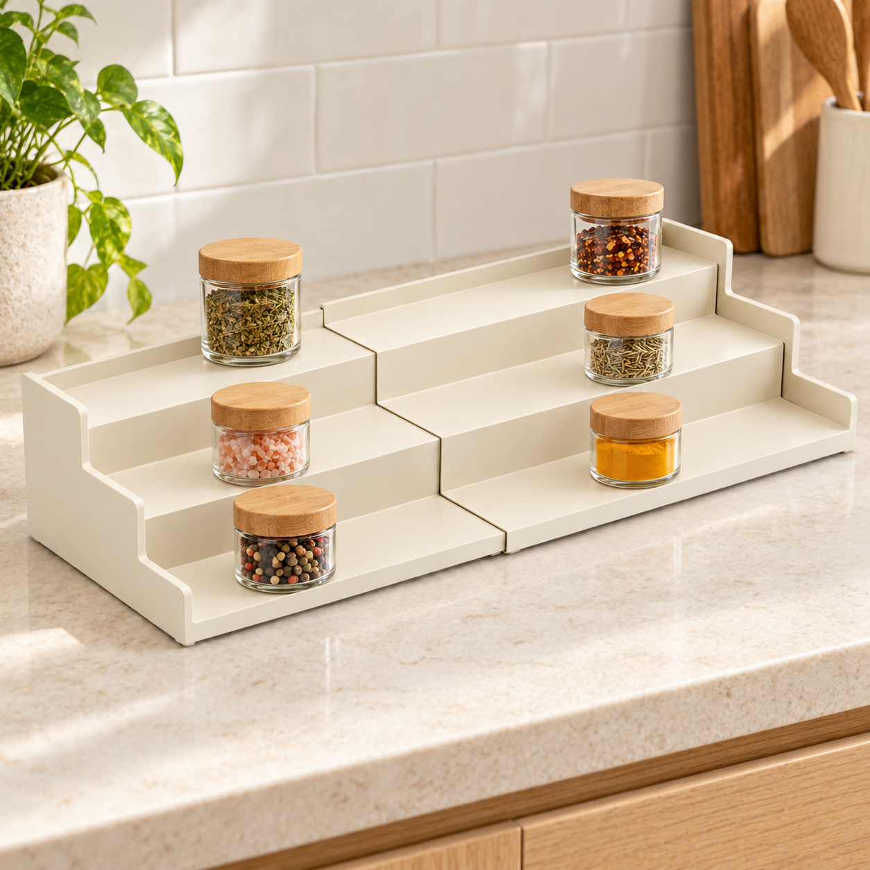 CULINAVELLE three-tier expandable spice rack on a kitchen counter